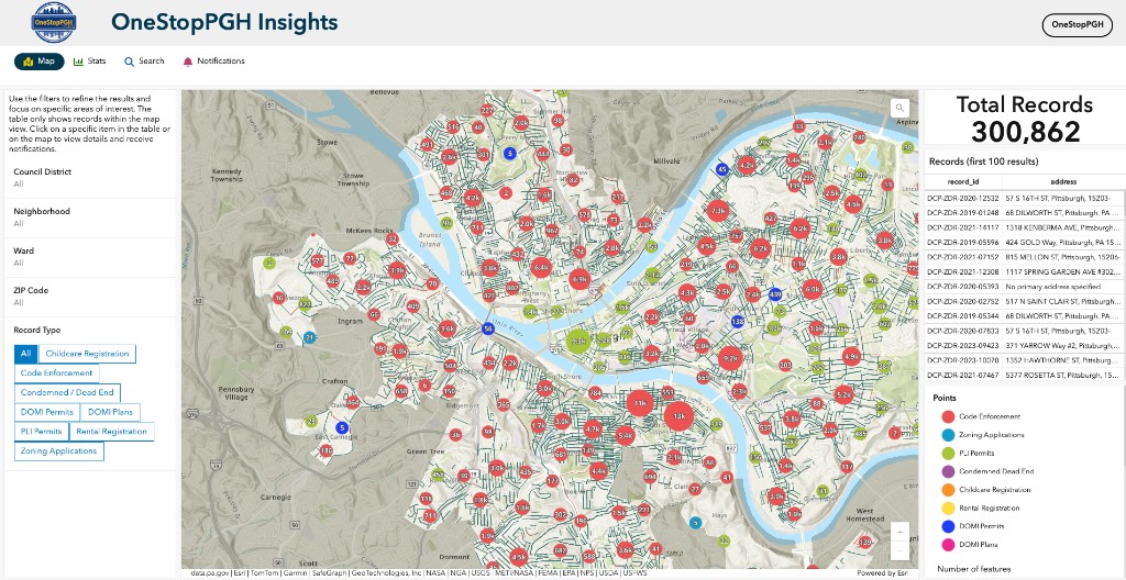 OneStopPGH Insights Map tab showing the Pittsburgh area with colored record clusters, filter sidebar on the left, and records table on the right