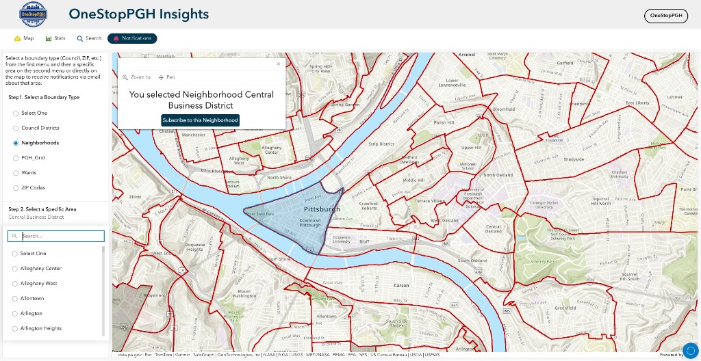 Notifications tab: instructions and Steps 1 and 2 in the sidebar; map with neighborhood outlines, selected Central Business District, and Subscribe to this Neighborhood panel