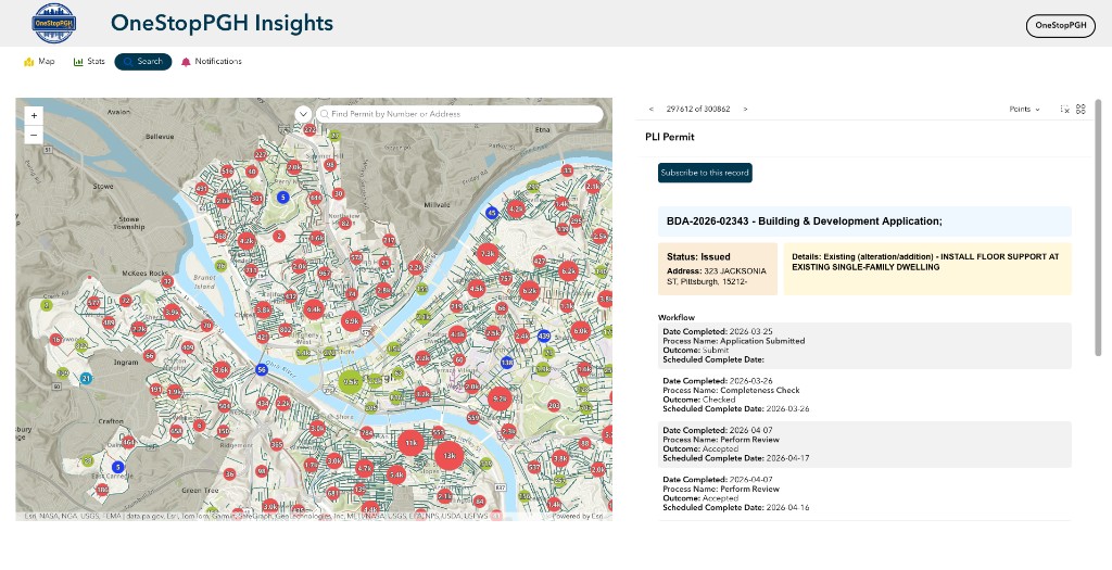 OneStopPGH Insights Search tab: map with Find Permit search bar; right panel shows a loaded record (live app starts with an empty panel until you search or use Data Source)